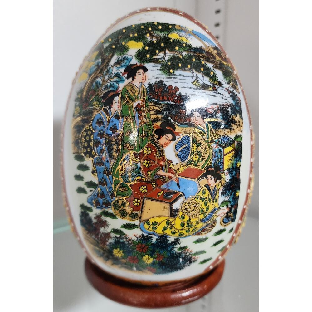 Japanese Porcelain Egg w/ Geisha Garden Scene Gold Gilt Raised Relief -Wood Base